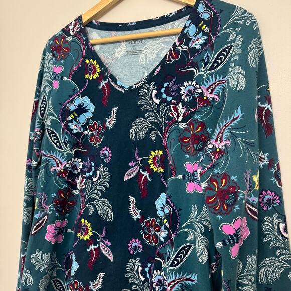 Talbots Top Size Large Petite Blue Teal Floral Boho Stretch Fairy Whimsigoth - Picture 6 of 10